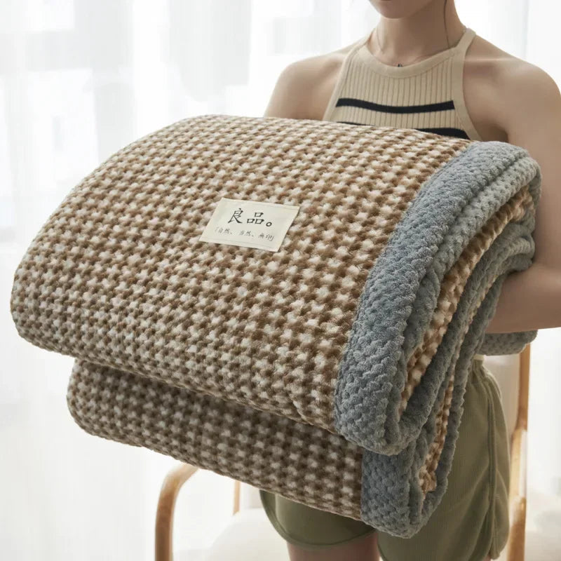 Chic Checked Knit Throw Blanket with Waffle Texture | Cozy Minimalist Accent for Elegant Comfort 12