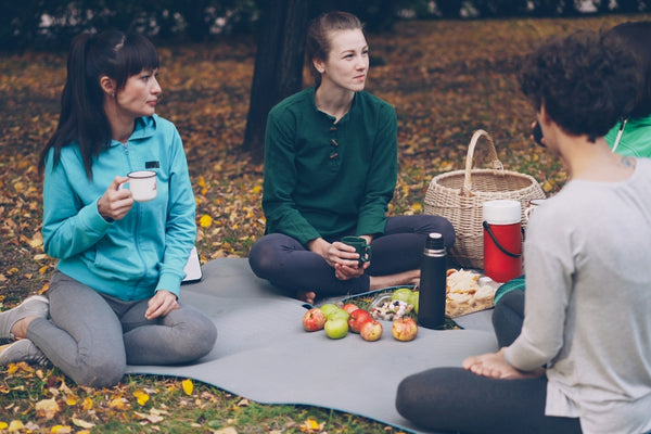 Four friends enjoying a picnic in the park