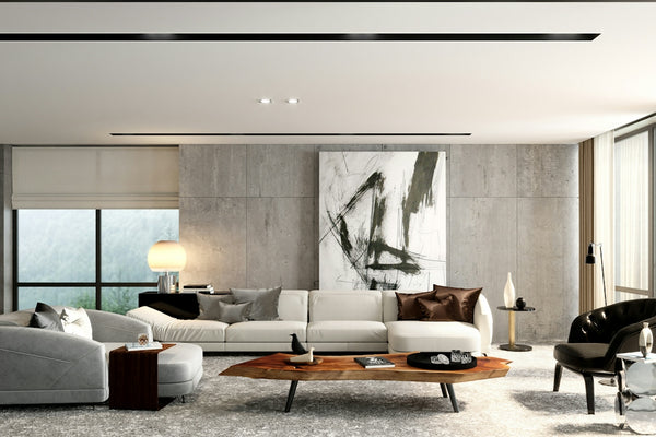 Modern living room with sectional sofa and artwork