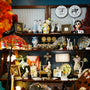 Shelves filled with various decorative items and knick-knacks.