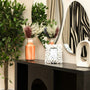 A console table with vases, a plant, and decorative mirrors.