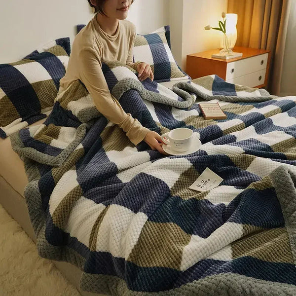 Chic Checked Knit Throw Blanket with Waffle Texture | Cozy Minimalist Accent for Elegant Comfort 1