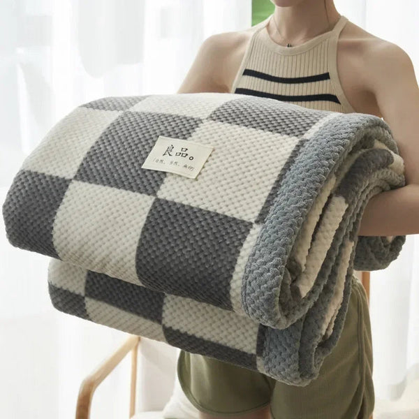 Chic Checked Knit Throw Blanket with Waffle Texture | Cozy Minimalist Accent for Elegant Comfort 7