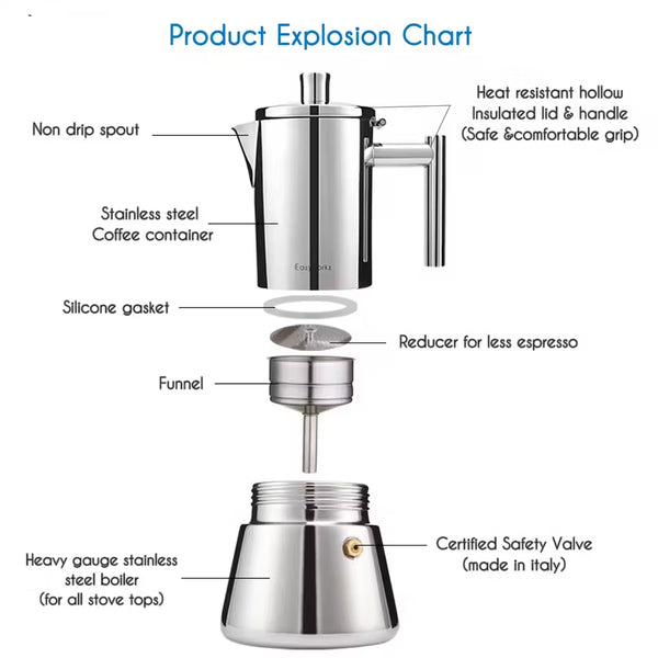 Classic Italian Moka Pot | Stainless Steel Coffee Maker with Heat-Resistant Handle | Perfect for Authentic Espresso