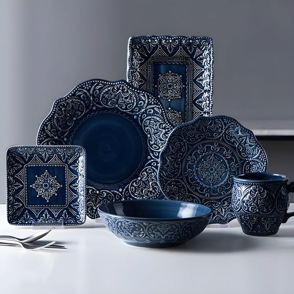 Elegant Navy Porcelain Dinnerware Set with Baroque Design for Everyday and Formal Dining 0