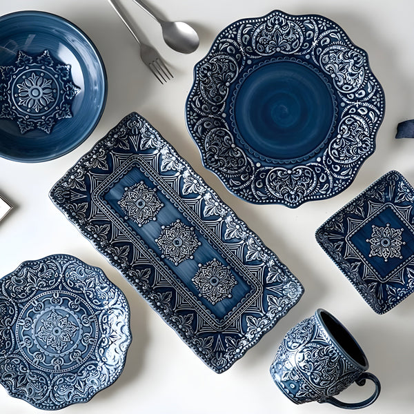 Elegant Navy Porcelain Dinnerware Set with Baroque Design for Everyday and Formal Dining 1