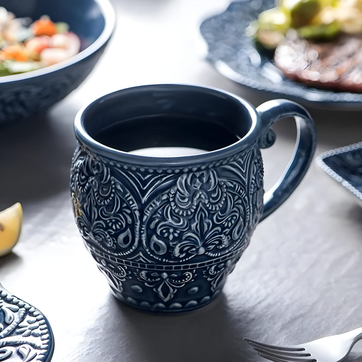 Elegant Navy Porcelain Dinnerware Set with Baroque Design for Everyday and Formal Dining 2