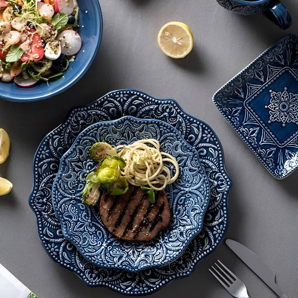 Elegant Navy Porcelain Dinnerware Set with Baroque Design for Everyday and Formal Dining 3
