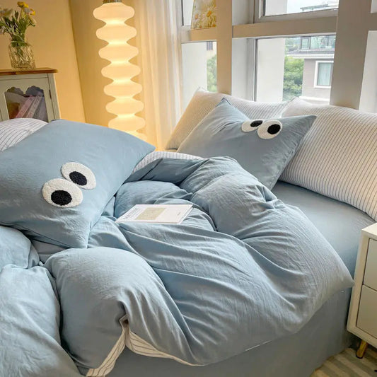 Kawaii Bedding Set | Soft Washed Cotton Duvet Covers with Embroidered Design | Complete Bedding Solution for Dorm Rooms 0