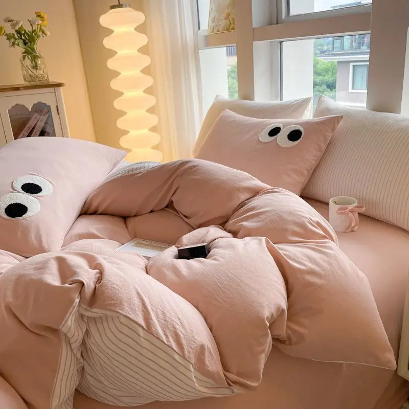 Kawaii Bedding Set | Soft Washed Cotton Duvet Covers with Embroidered Design | Complete Bedding Solution for Dorm Rooms 2