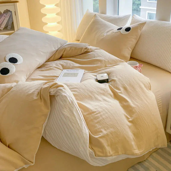 Kawaii Bedding Set | Soft Washed Cotton Duvet Covers with Embroidered Design | Complete Bedding Solution for Dorm Rooms 4