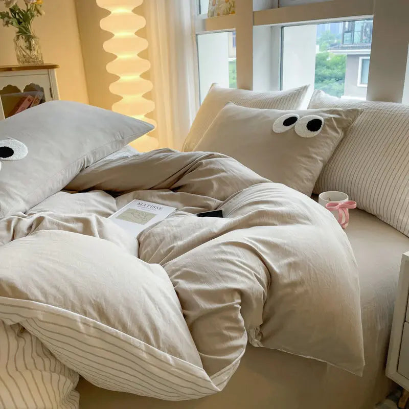 Kawaii Bedding Set | Soft Washed Cotton Duvet Covers with Embroidered Design | Complete Bedding Solution for Dorm Rooms 6
