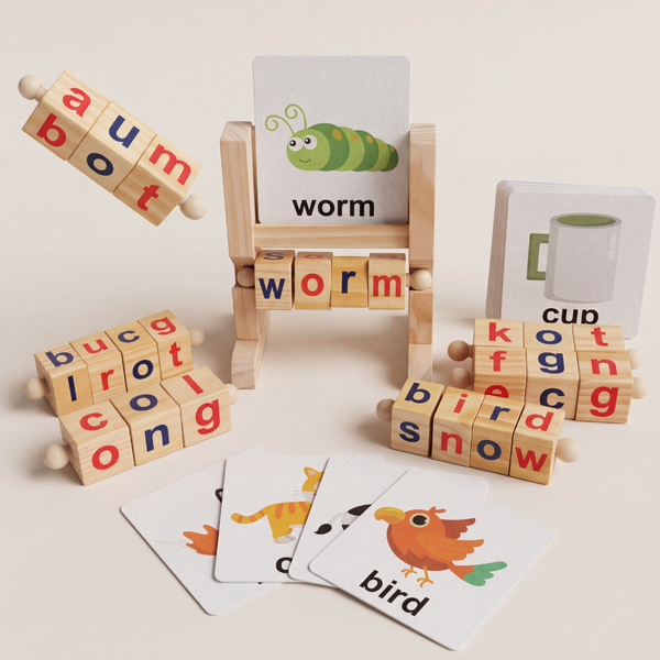Montessori Learning Toys | Wooden Spelling Game Kids Word Builder Learning Toy with Flash Cards