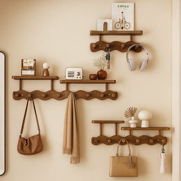 Ripple Collection | Wall Mounted Coat Rack with Shelf & Hooks | Stylish Bamboo Organizer for Entryway 0