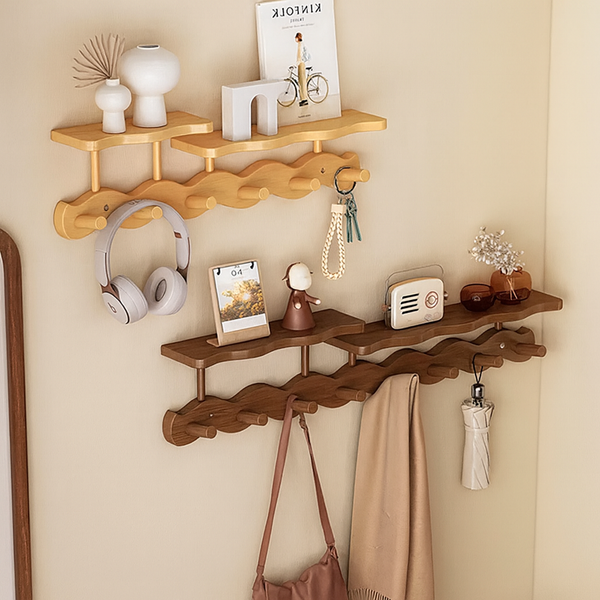 Ripple Collection | Wall Mounted Coat Rack with Shelf & Hooks | Stylish Bamboo Organizer for Entryway 1