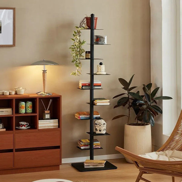 Sculptural Metal Bookshelf | Slim 360° Rotating Design with 9 Tiers | Space-Saving Display for Stylish Organization 0